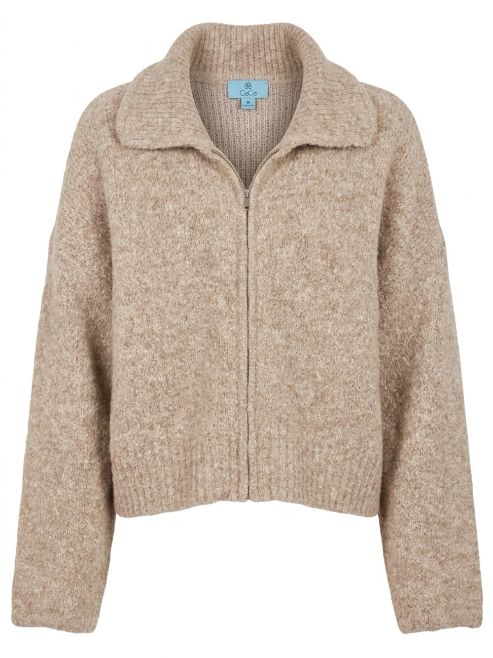 CeCe Neutral Zip-Front Teddy Jacket in Taupe